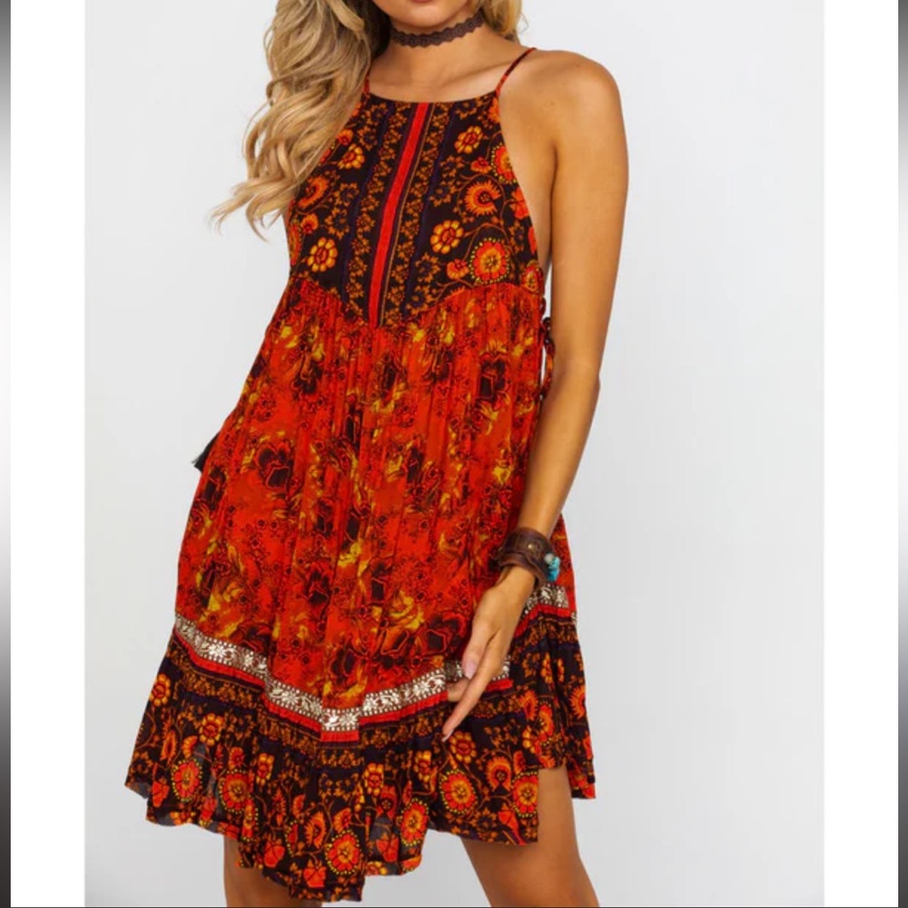 Free People Red and Black Floral Mini Dress